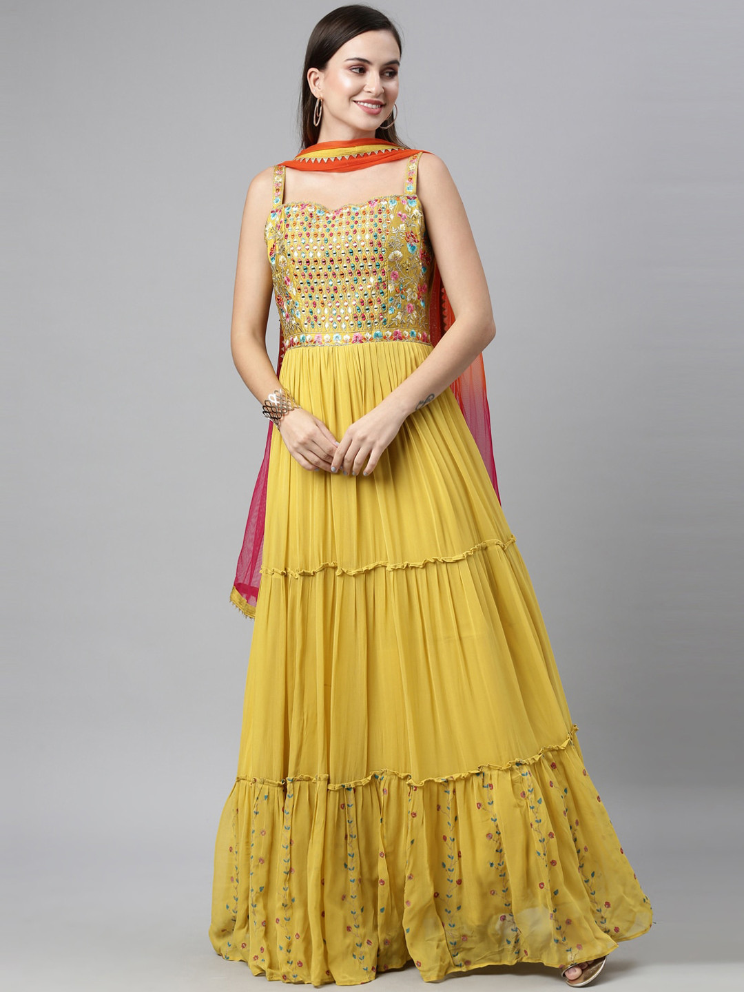 

Neerus Women Mustard Yellow Ethnic Motifs Anarkali Kurta with Churidar & Dupatta