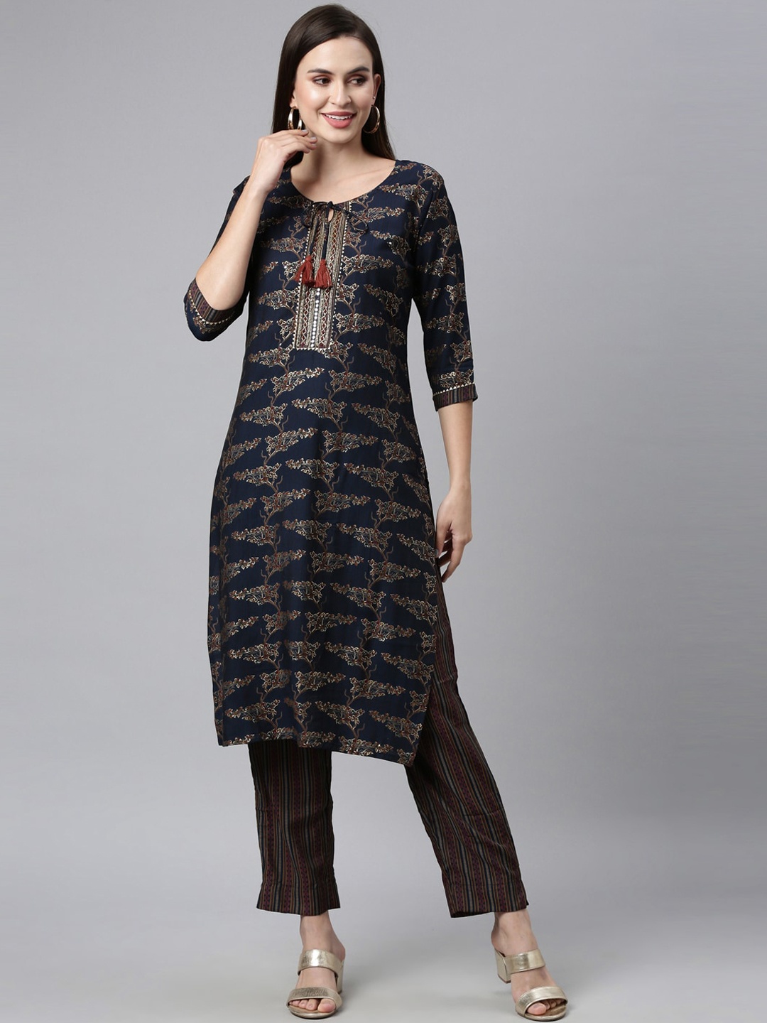 

Neerus Women Navy Blue Zardozi Kurta with Trousers