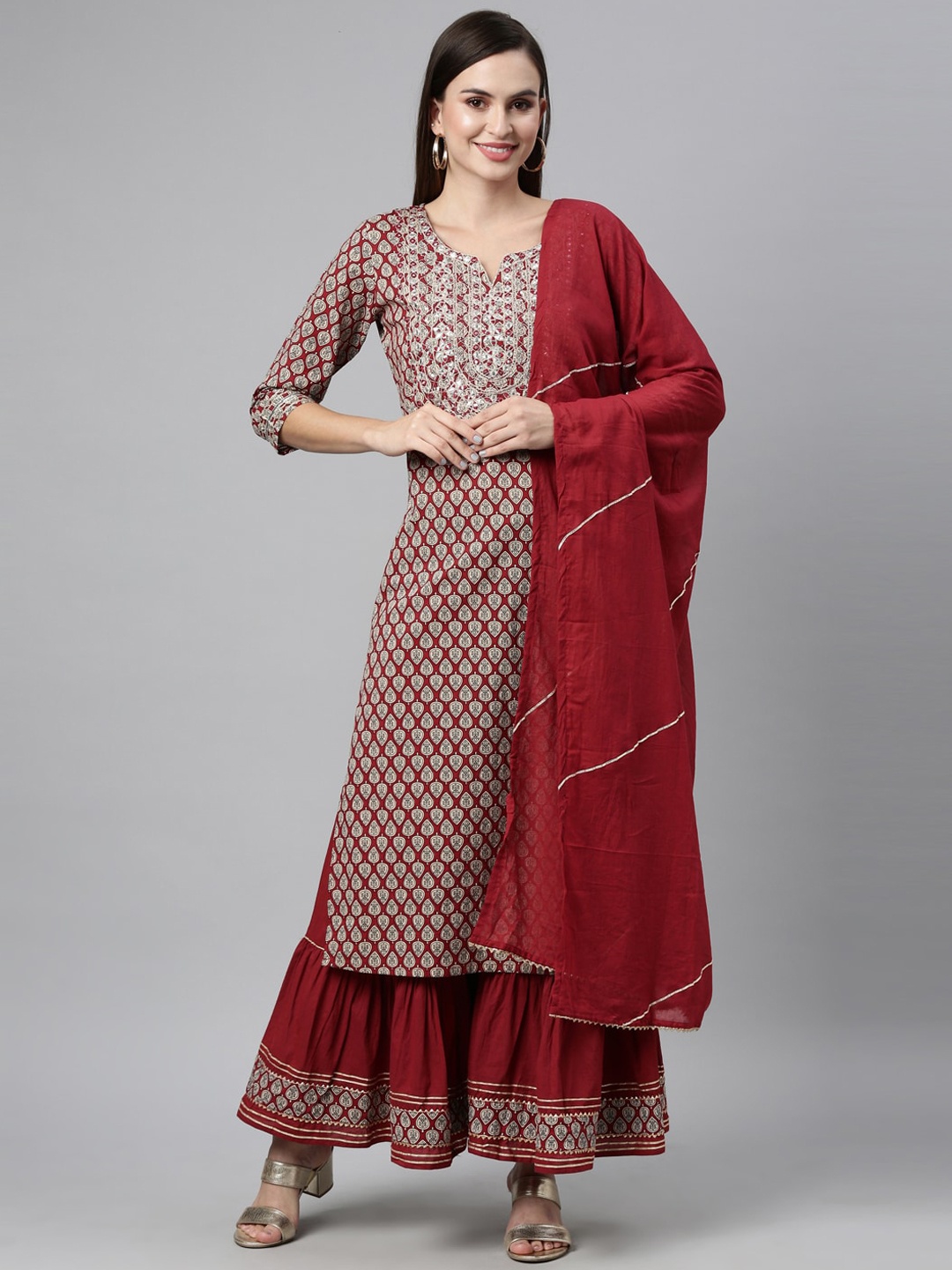 

Neerus Women Maroon Ethnic Motifs Printed A-line Kurta with Sharara & Dupatta