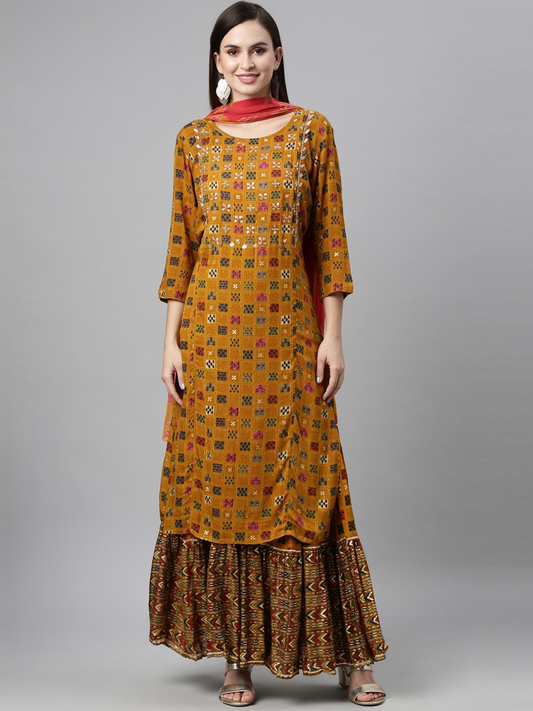 

Neerus Women Mustard Yellow Ethnic Motifs Printed Straight Kurta with Sharara & Dupatta