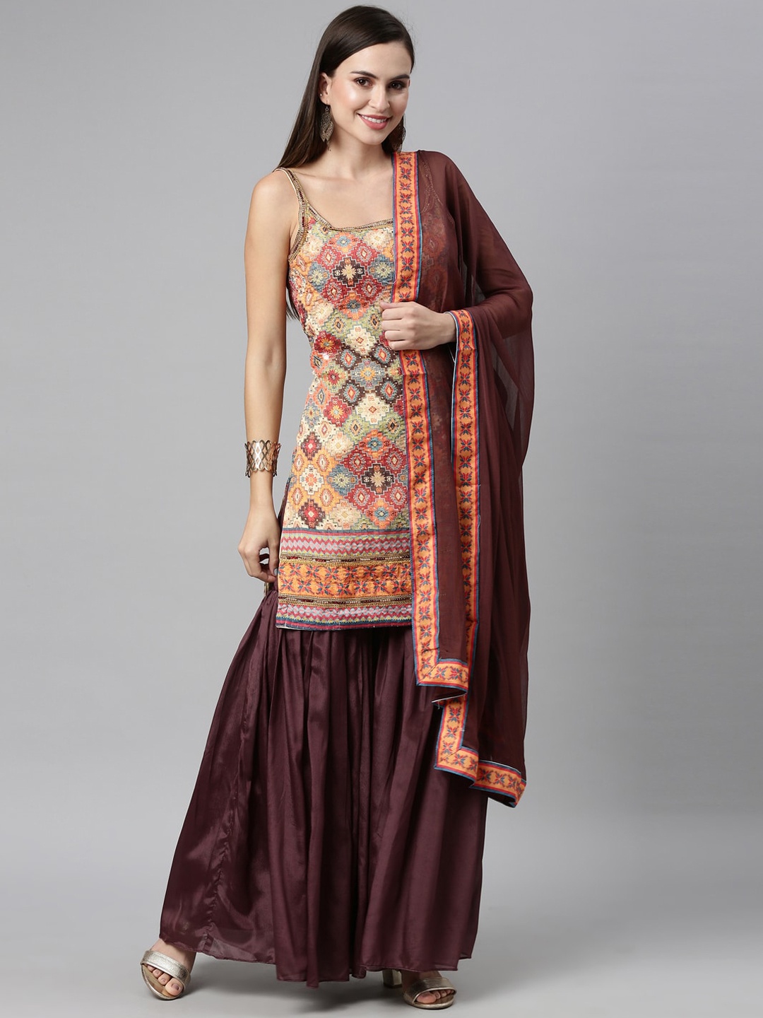 

Neerus Women Beige Printed Kurta with Sharara & With Dupatta