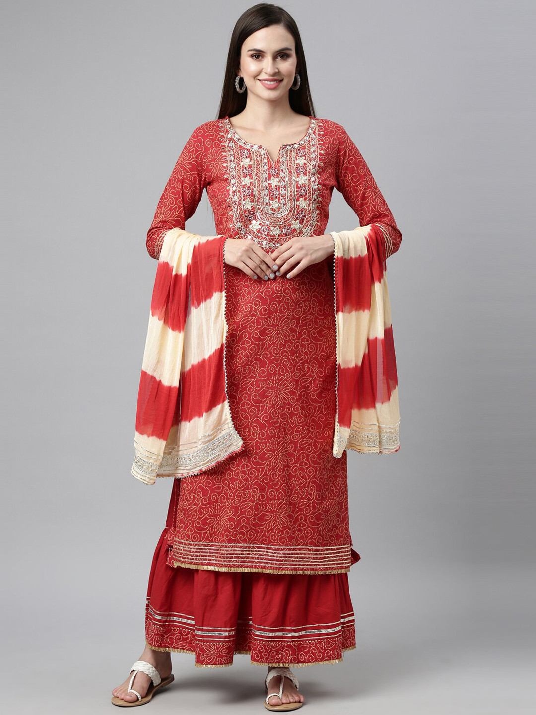

Neerus Women Red Ethnic Motifs Dyed Straight Kurta with Skirt & Dupatta