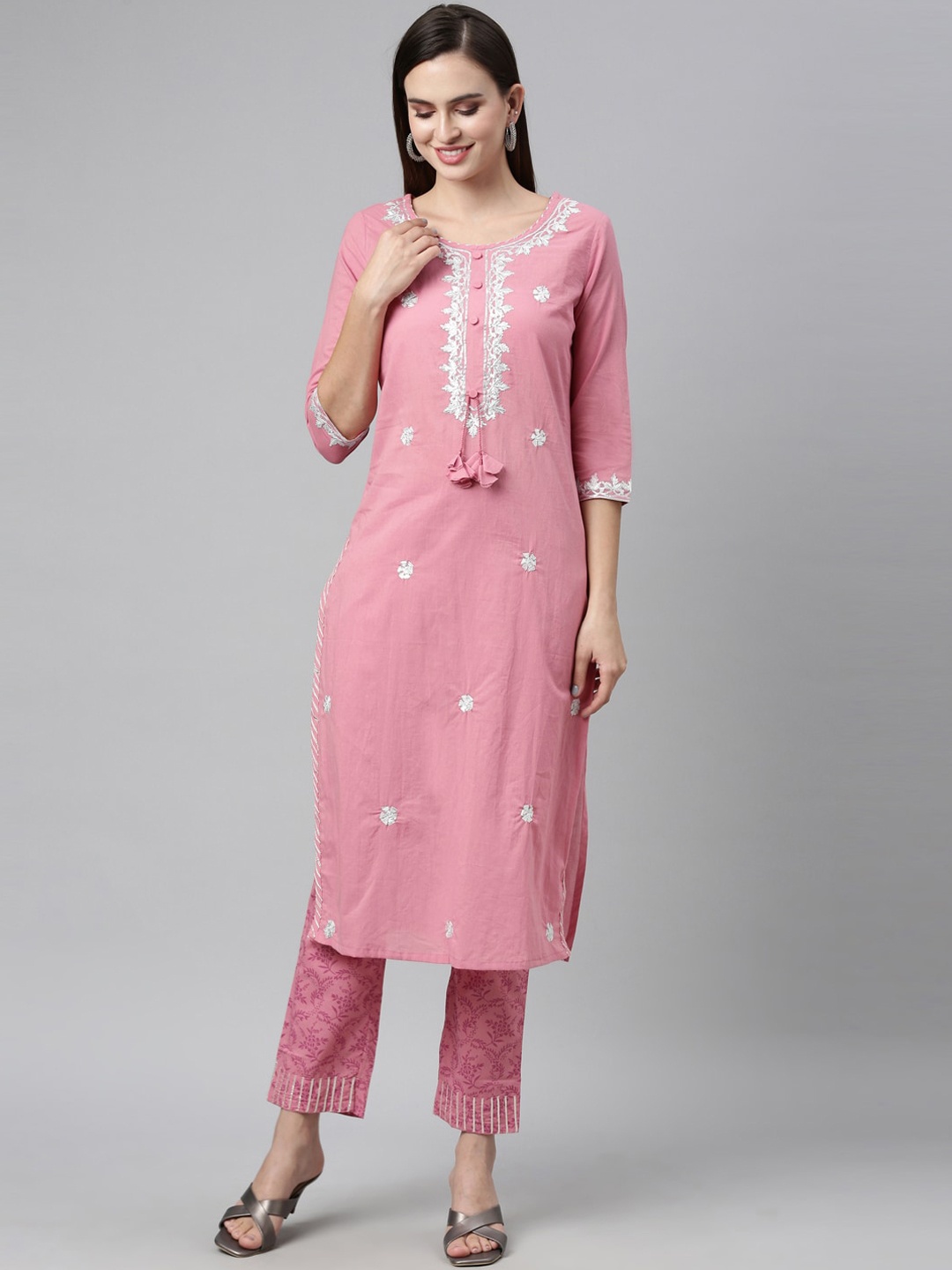 

Neerus Women Pink Floral Embroidered Kurta with Trousers