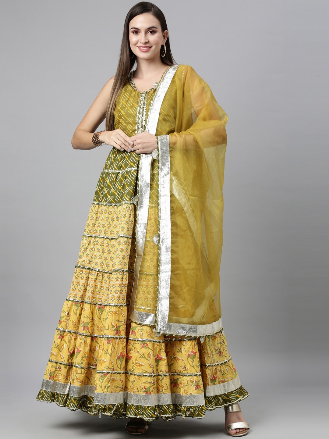 

Neerus Women Yellow Printed Panelled Top with Skirt & With Dupatta