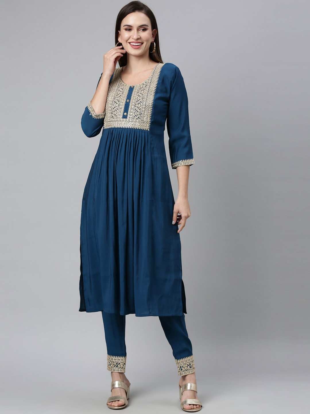 

Neerus Women Blue Ethnic Motifs A-line Kurta with Trousers