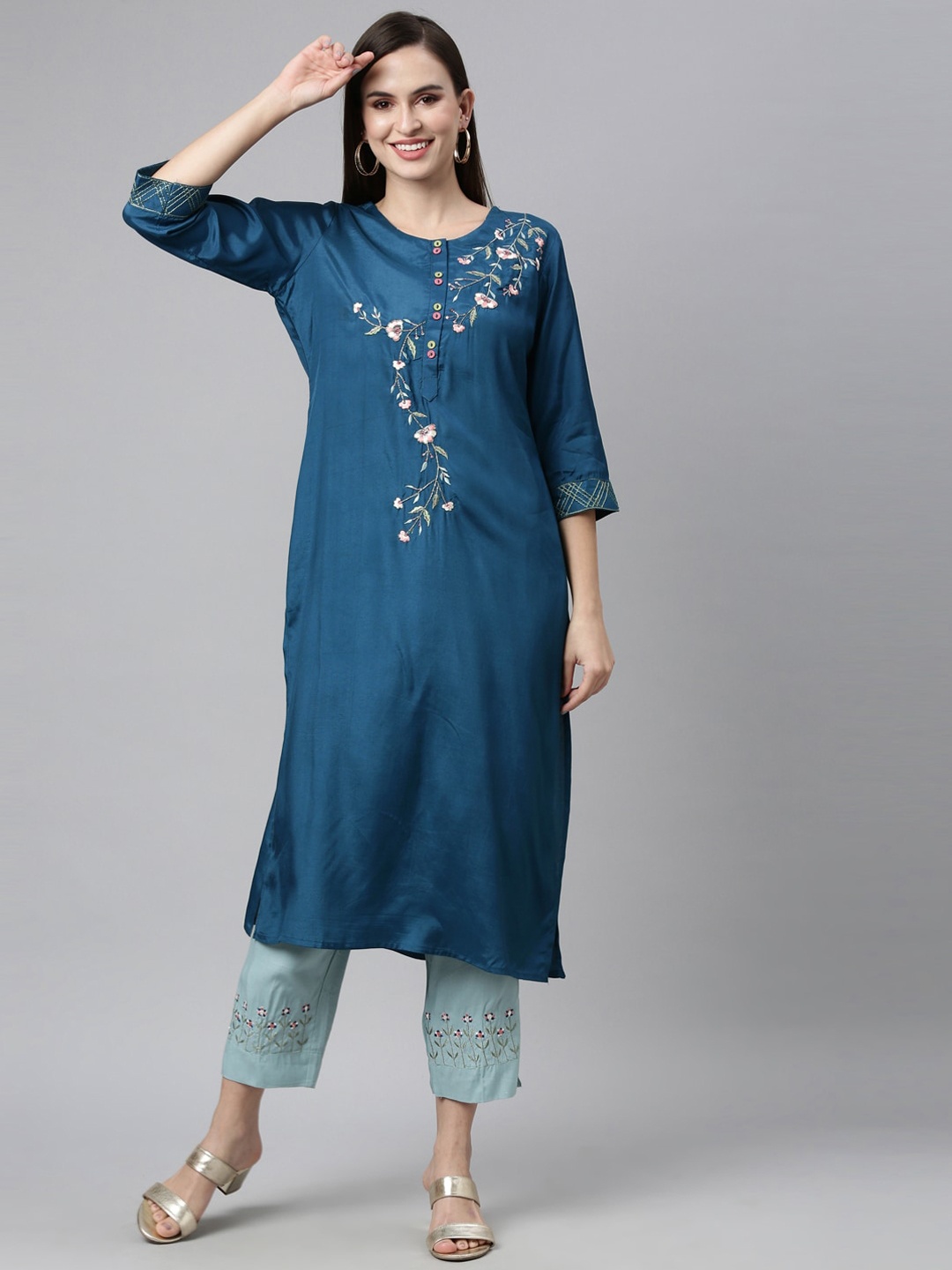 

Neerus Women Blue Floral Embroidered Kurta with Trousers