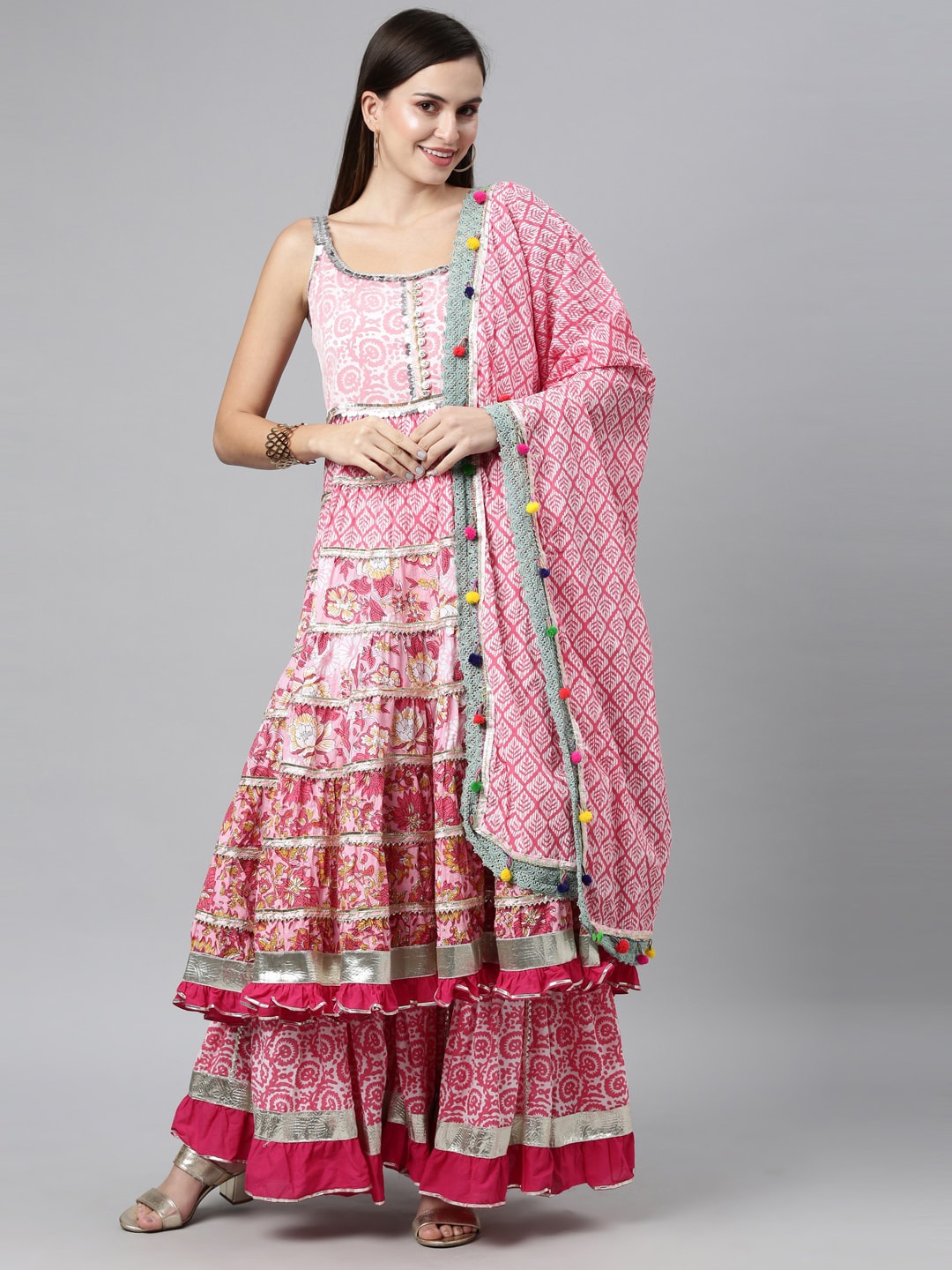 

Neerus Women Pink Floral Printed Kurti with Skirt & Dupatta