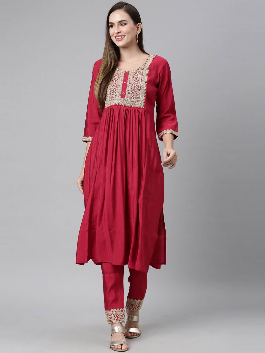 

Neerus Women Magenta Embroidered Panelled Zardozi Kurta with Trousers