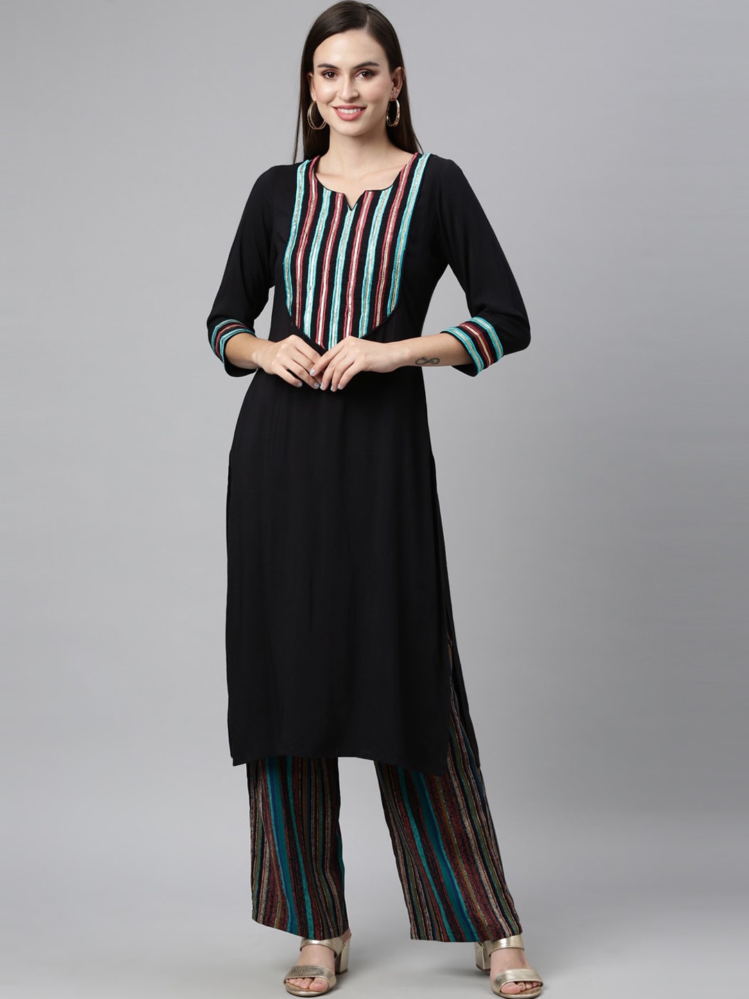 

Neerus Women Black Yoke Design Gotta Patti Kurta with Trousers