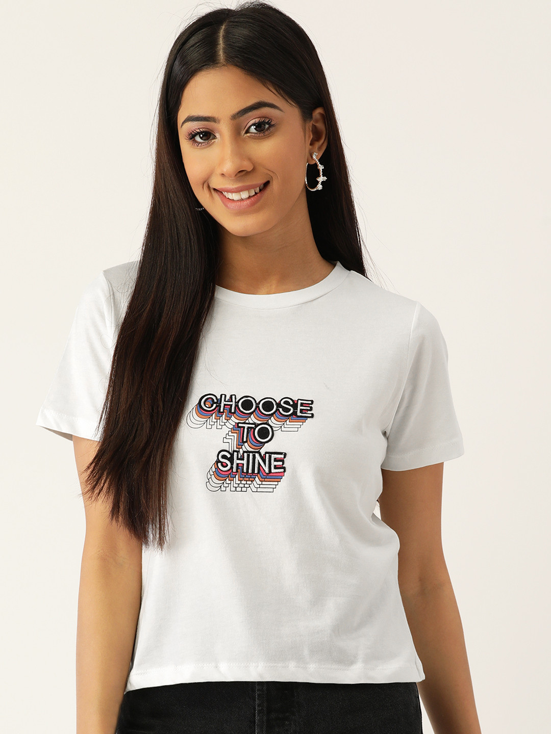 

Madame Women White & Black Pure Cotton Applique T-shirt