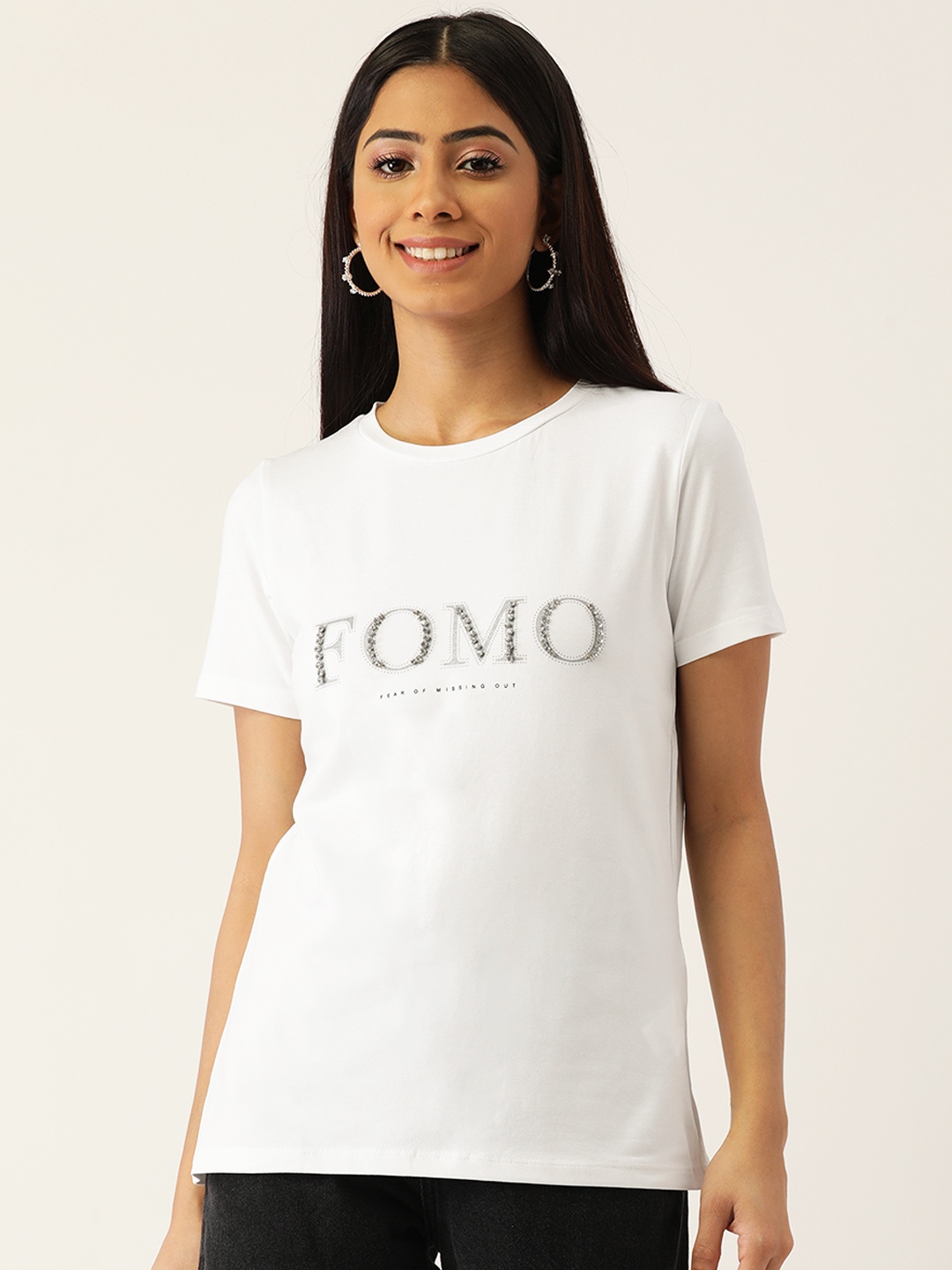 

Madame Women White Embellished T-shirt