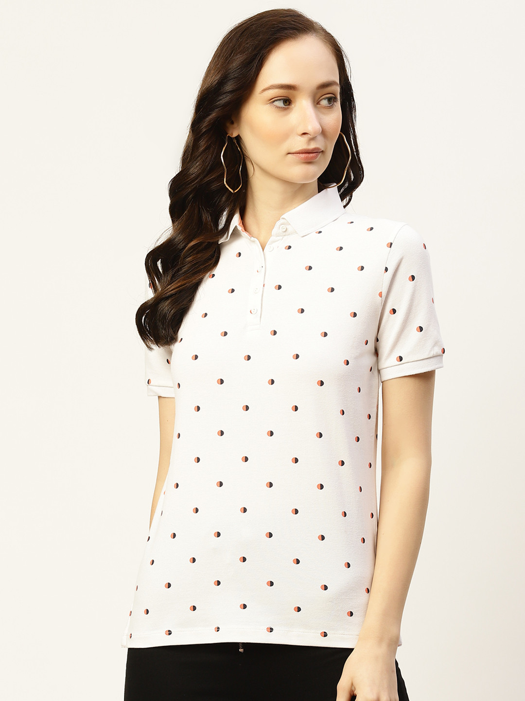 

Madame Women White & Coral Red Printed Polo Collar T-shirt