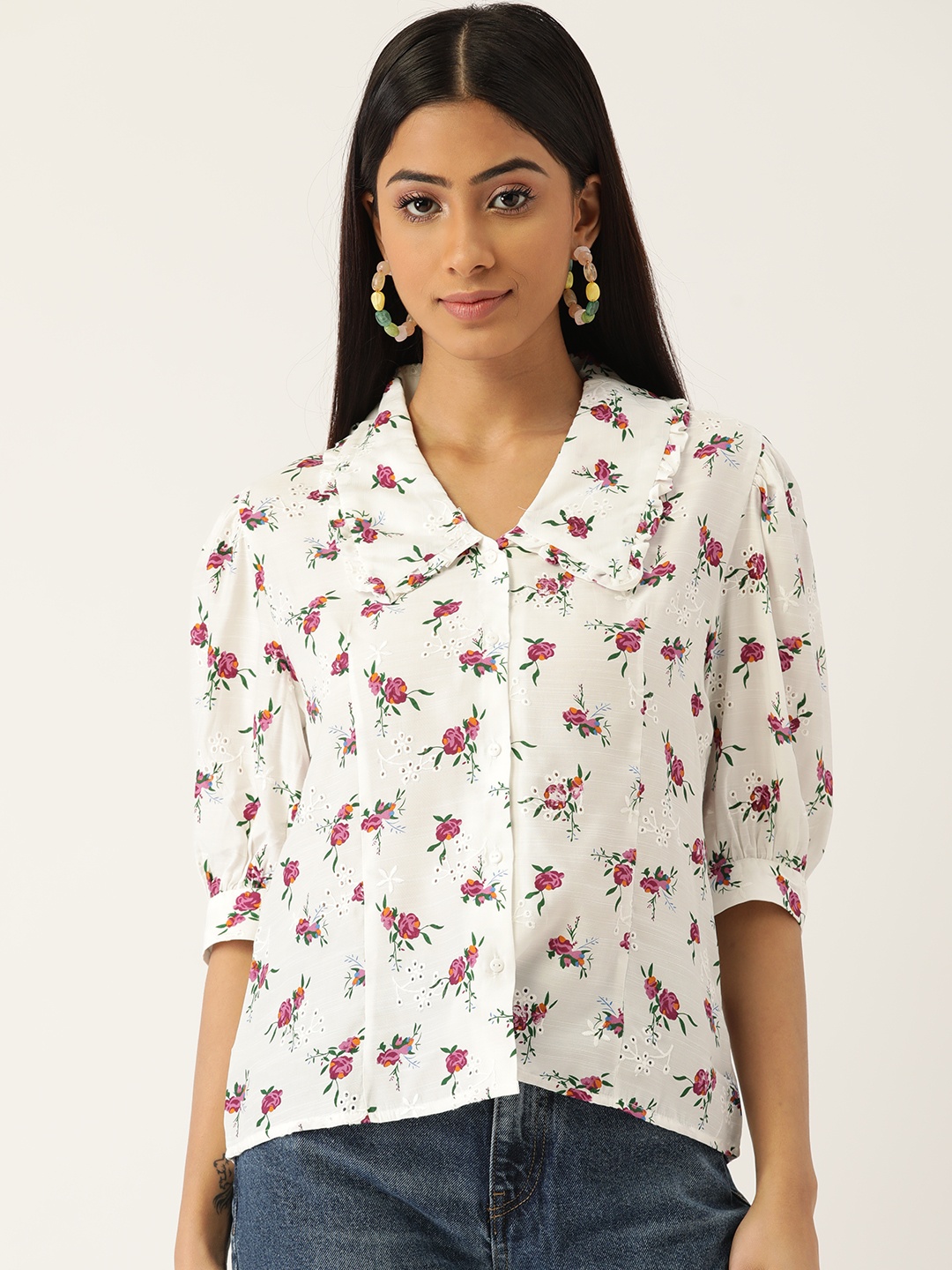 

Madame White & Pink Floral Print Shirt Style Top