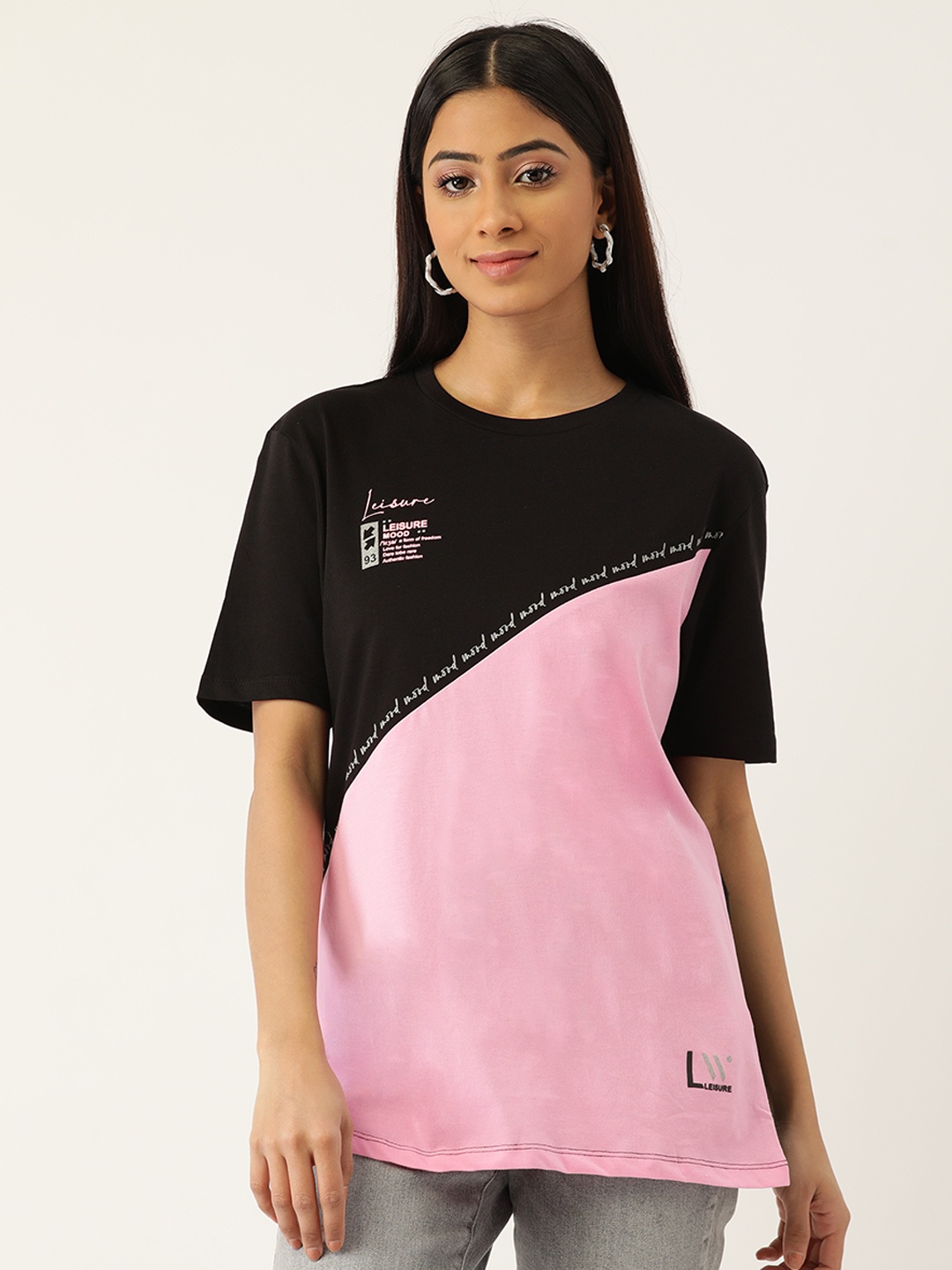 

Madame Women Pink & Black Pure Cotton Colourblocked T-shirt