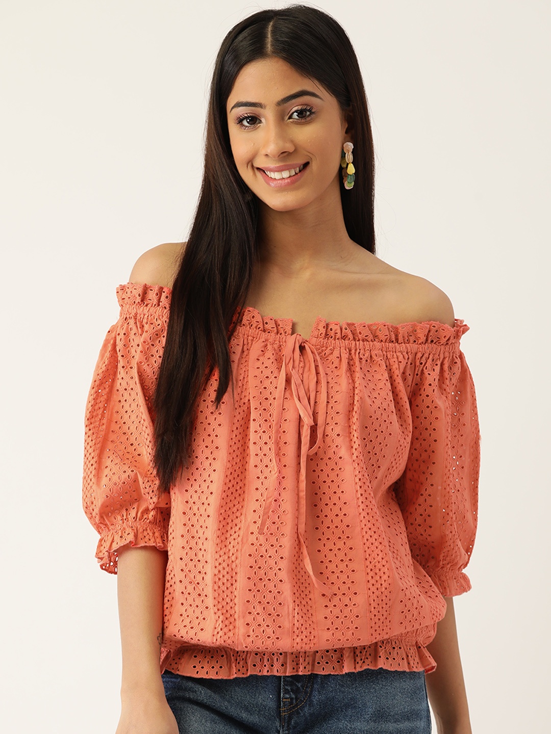 

Madame Rust Orange Pure Cotton Schiffli Embroidered Off-Shoulder Bardot Top