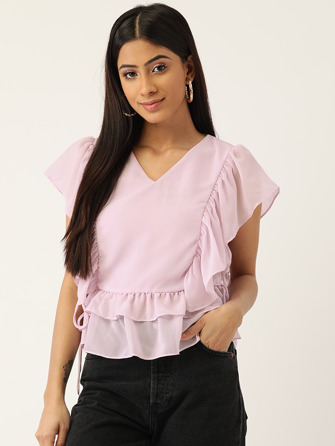 

Madame Lavender Solid Ruffles Top