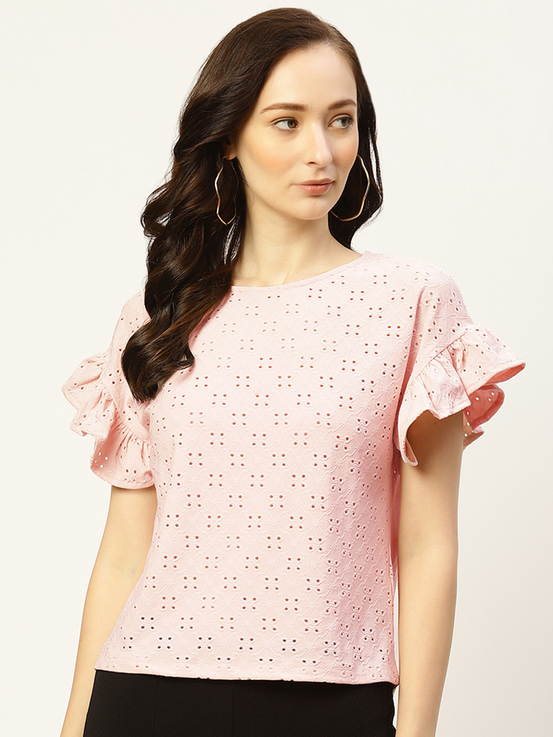 

Madame Pink & White Schiffli Embroidered Extended Sleeves Top