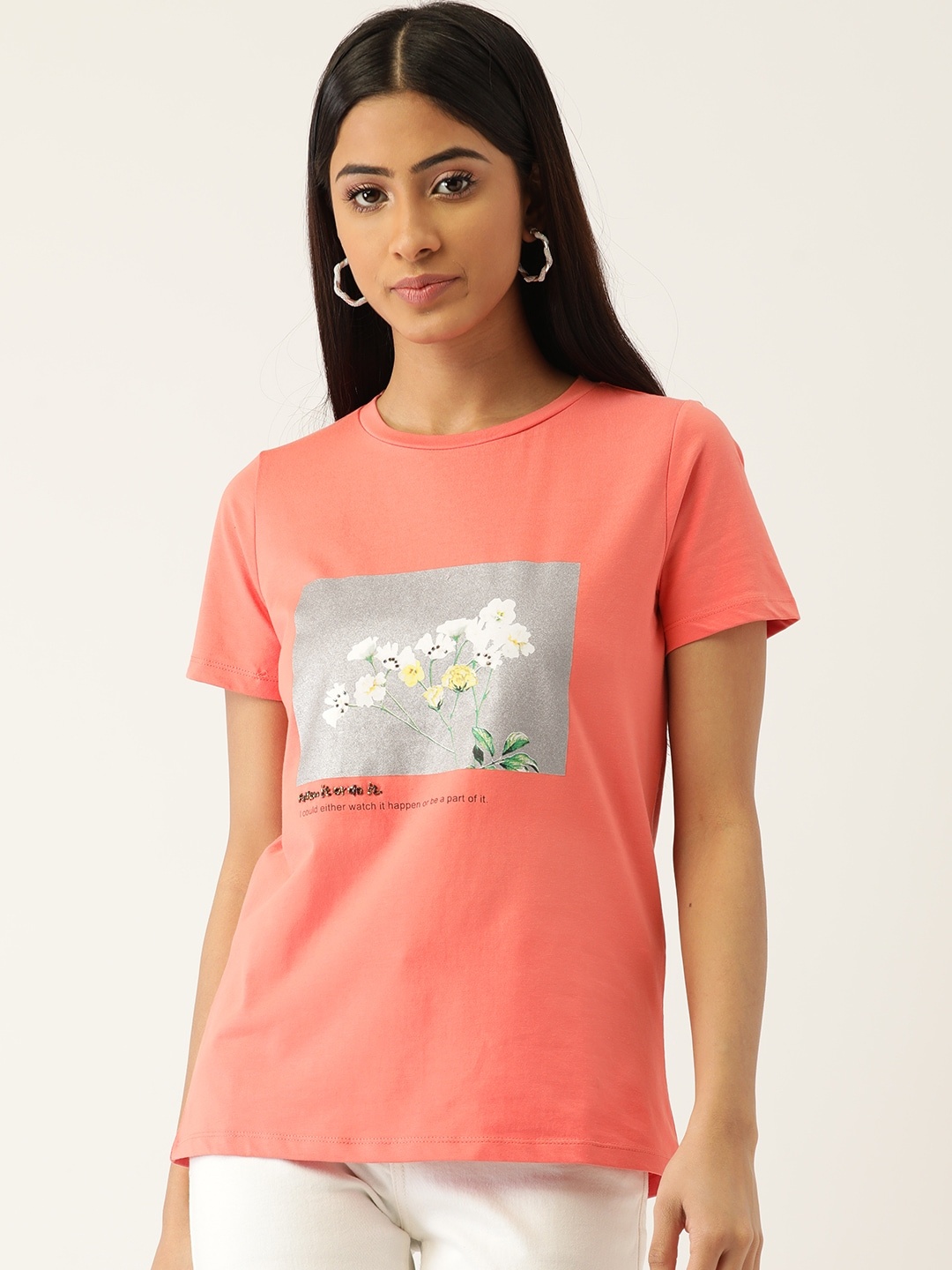 

Madame Women Peach-Coloured Floral Print T-shirt