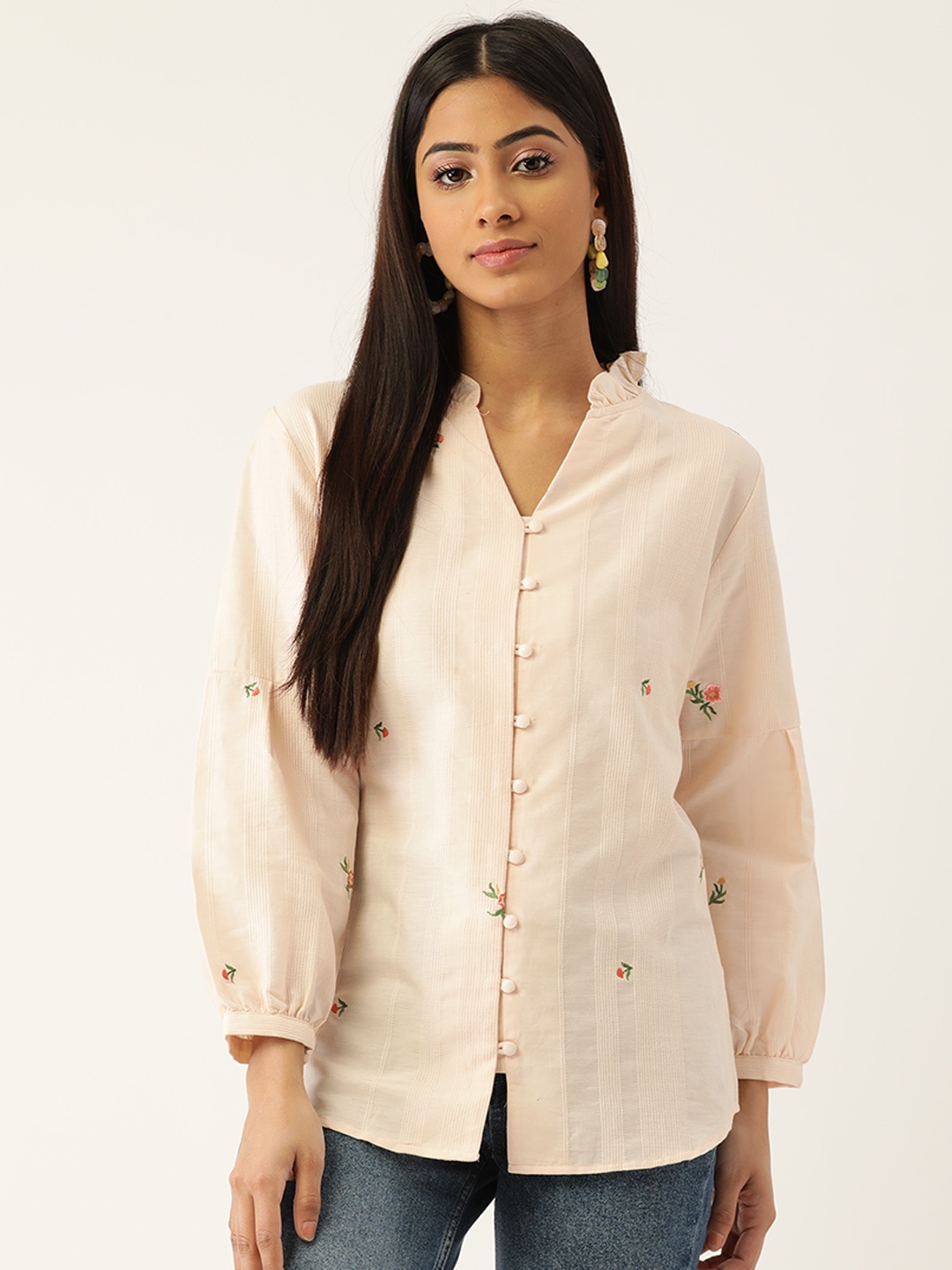 

Madame Peach-Coloured Pure Cotton Self-Striped Shirt Style Top