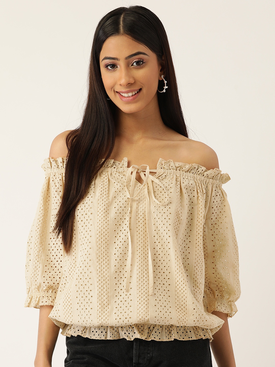 

Madame Beige Off-Shoulder Schiffli Top