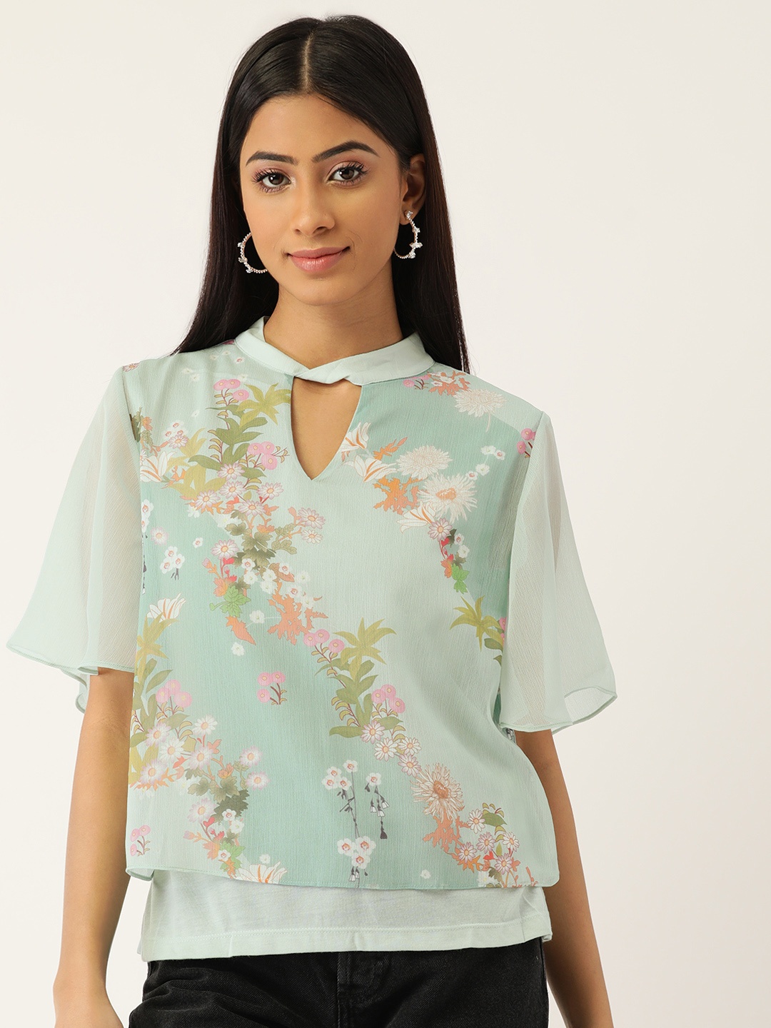 

Madame Blue & Green Floral Print Keyhole Neck Top