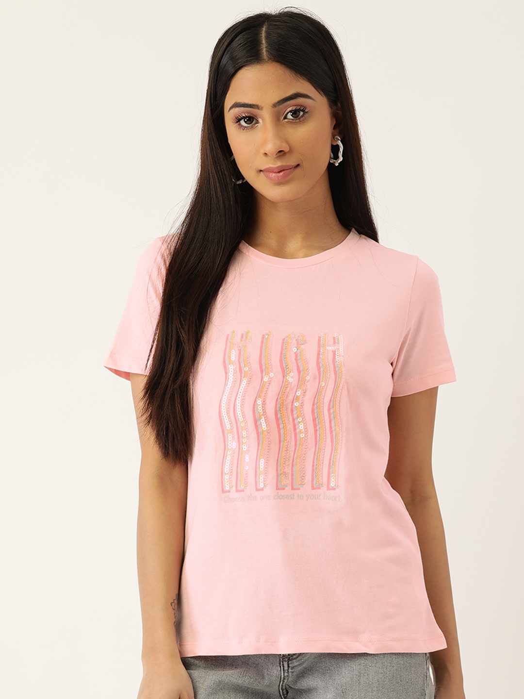 

Madame Women Pink Sequined Pure Cotton T-shirt