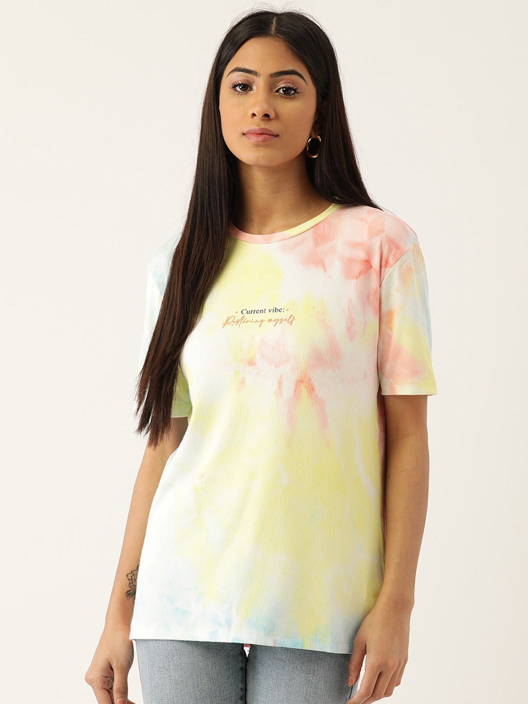 

Madame Women Pink & Yellow Dyed T-shirt