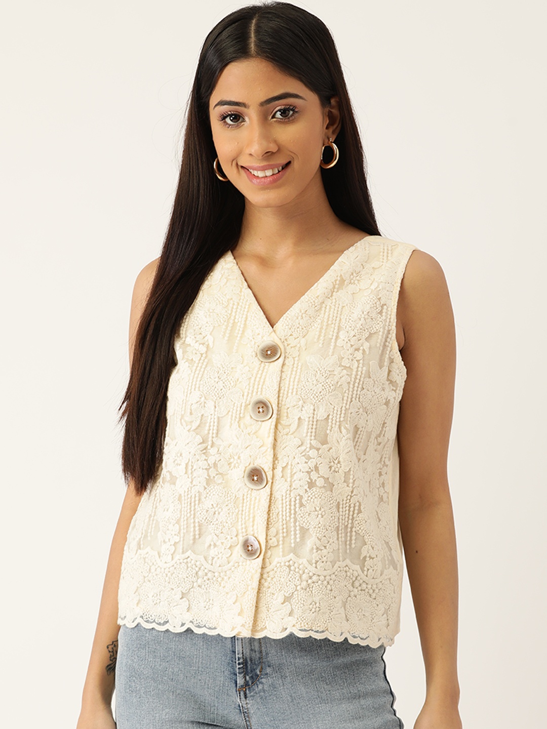 

Madame Beige Self Design Floral Top