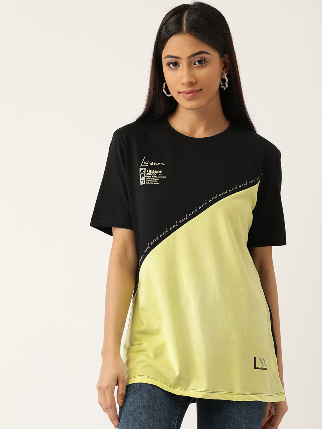 

Madame Women Black & Yellow Colourblocked Pure Cotton T-shirt