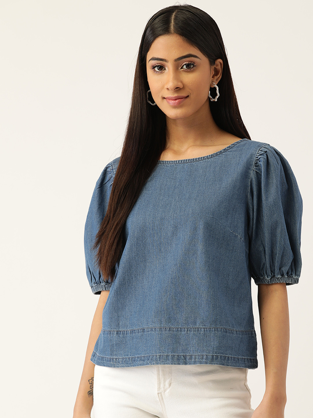 

Madame Blue Denim Puff Sleeves Top