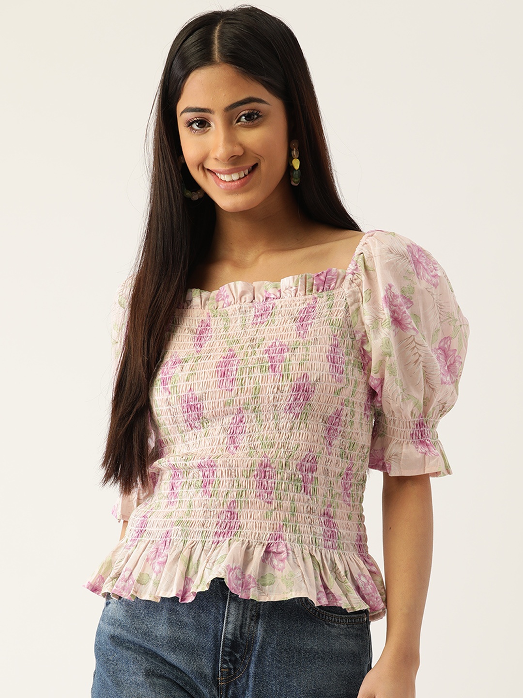 

Madame Beige & Purple Pure Cotton Floral Print Top