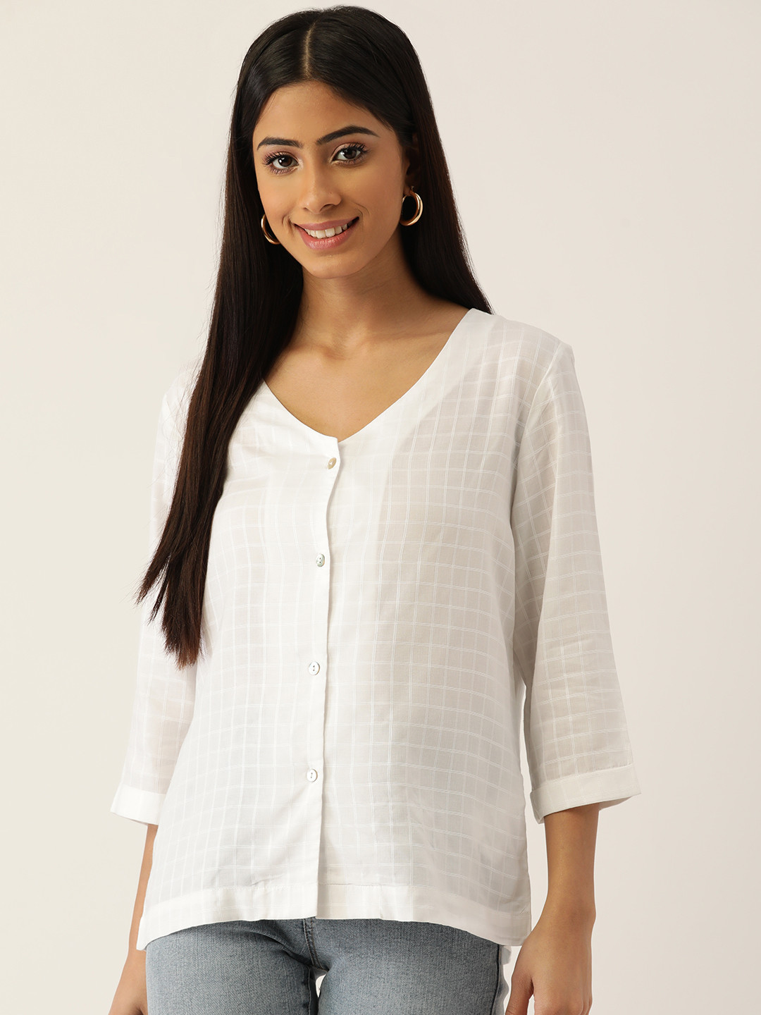 

Madame White Self-Checked Top