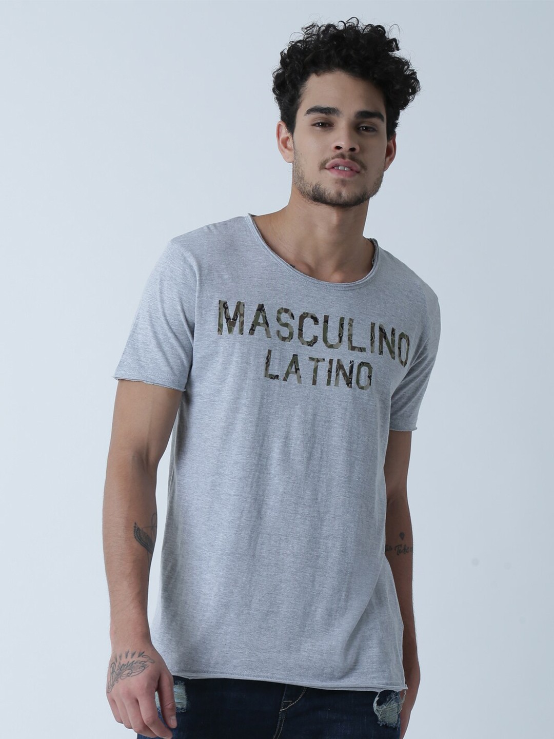 

Masculino Latino Men Plus Size Grey Melange & Olive Green Printed Cotton T-shirt