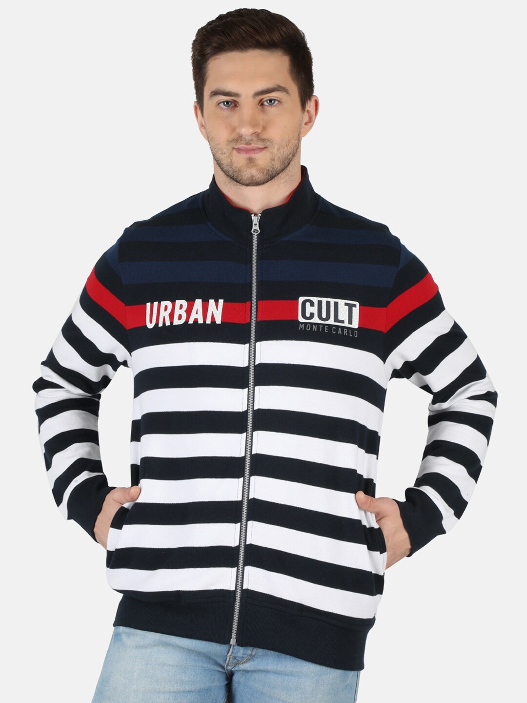 

Monte Carlo Men Navy Blue & White Striped Sweatshirt