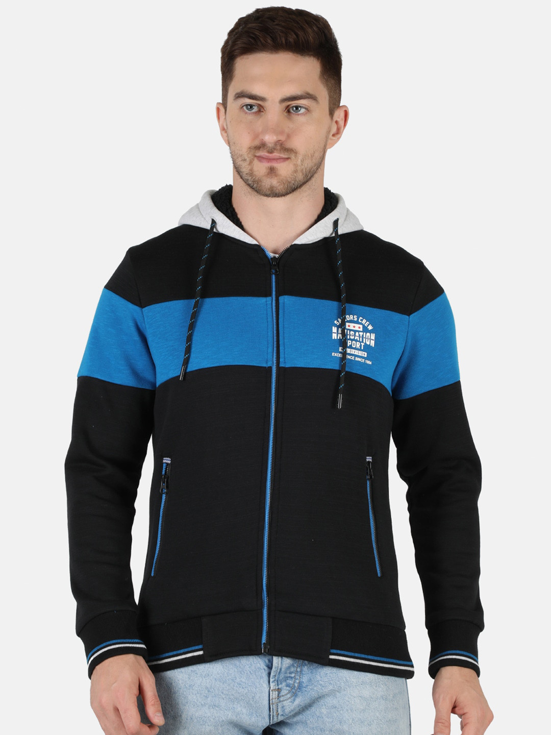 

Monte Carlo Men Black & Blue Colourblocked Hooded Sweatshirt