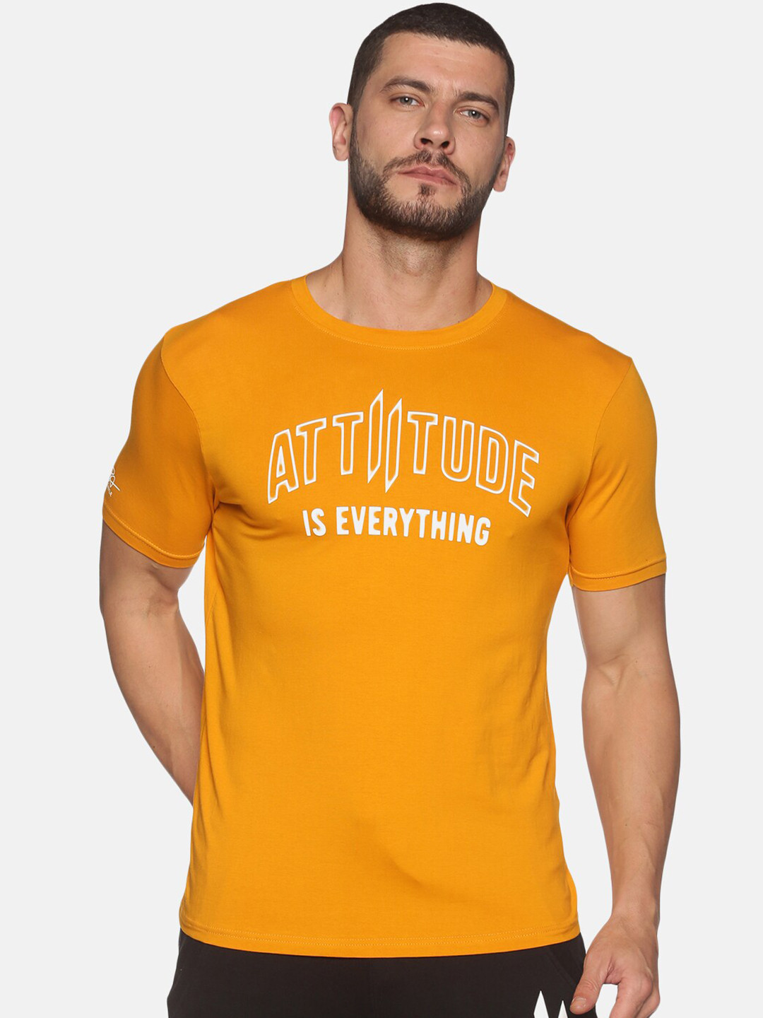 

ATTIITUDE Men Mustard Yellow Typography Printed Regular Fit ClimaCool Slim Fit T-shirt