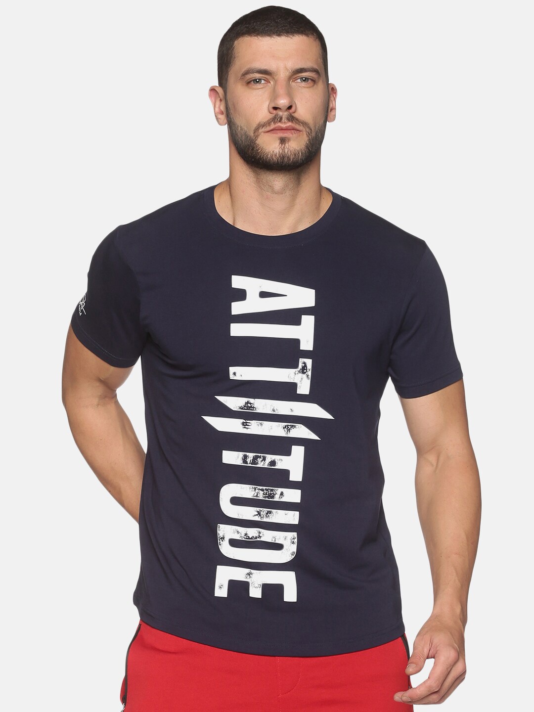 

ATTIITUDE Men Navy Blue Brand Logo Printed ClimaCool Slim Fit T-shirt