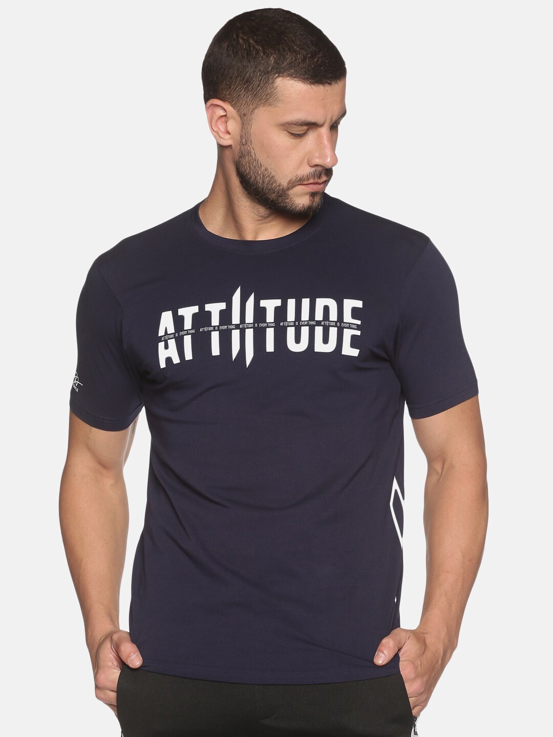

ATTIITUDE Men Navy Blue Brand Logo Printed ClimaCool Slim Fit T-shirt