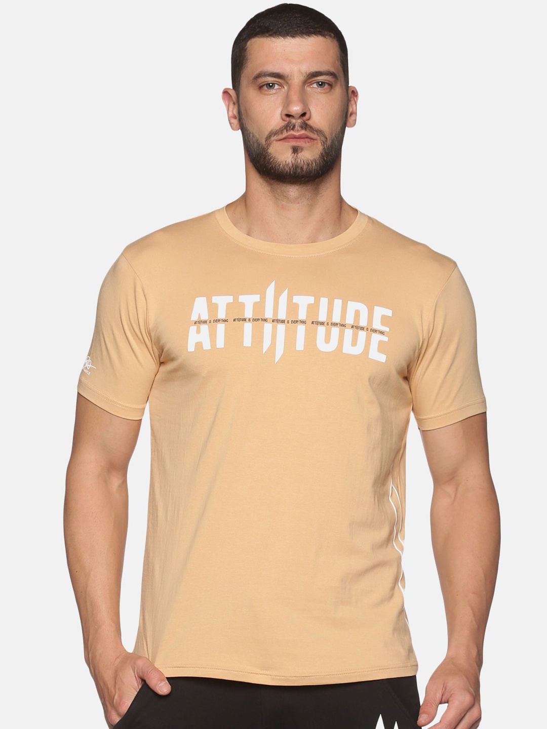 

ATTIITUDE Men Beige Brand Logo Printed Regular Fit ClimaCool Slim Fit T-shirt