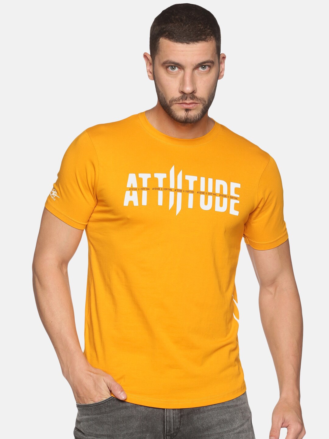 

ATTIITUDE Men Mustard Yellow Typography Printed ClimaCool Raw Edge Slim Fit T-shirt