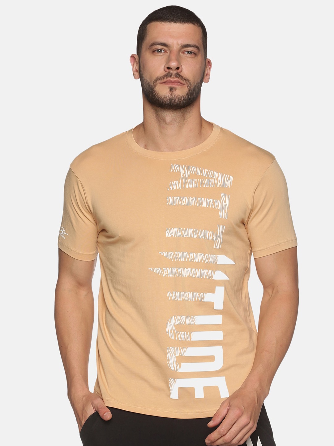 

ATTIITUDE Men Peach-Coloured Brand Logo Printed ClimaCool Slim Fit T-shirt