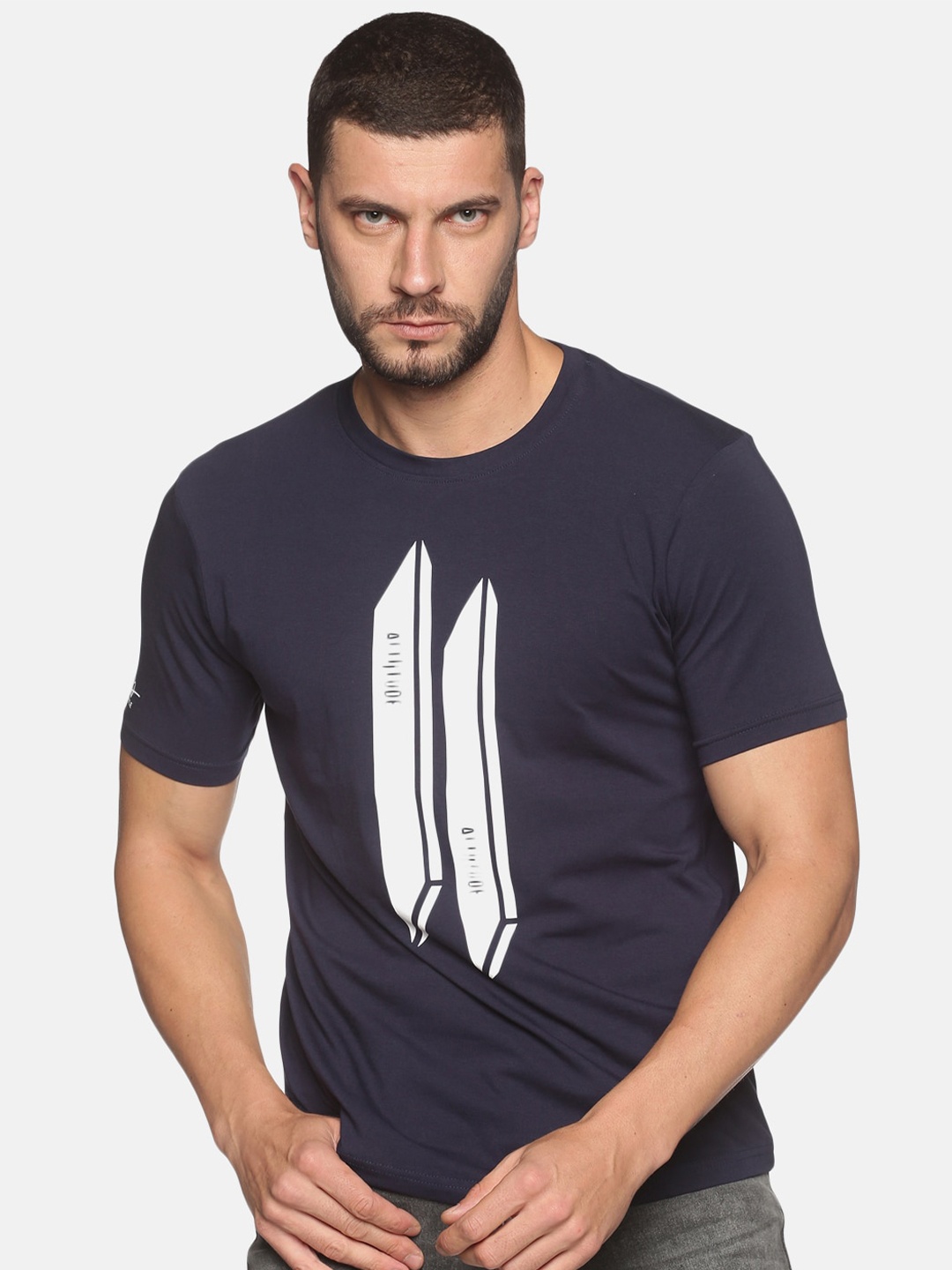

ATTIITUDE Men Navy Blue Printed ClimaCool Raw Edge Slim Fit T-shirt