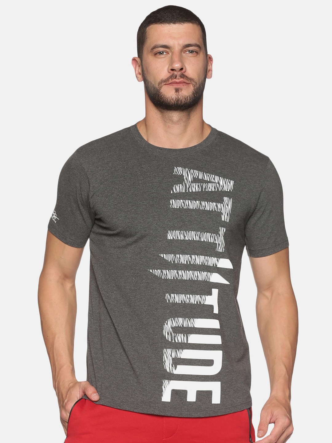 

ATTIITUDE Men Charcoal Grey Brand Logo Printed ClimaCool Slim Fit T-shirt