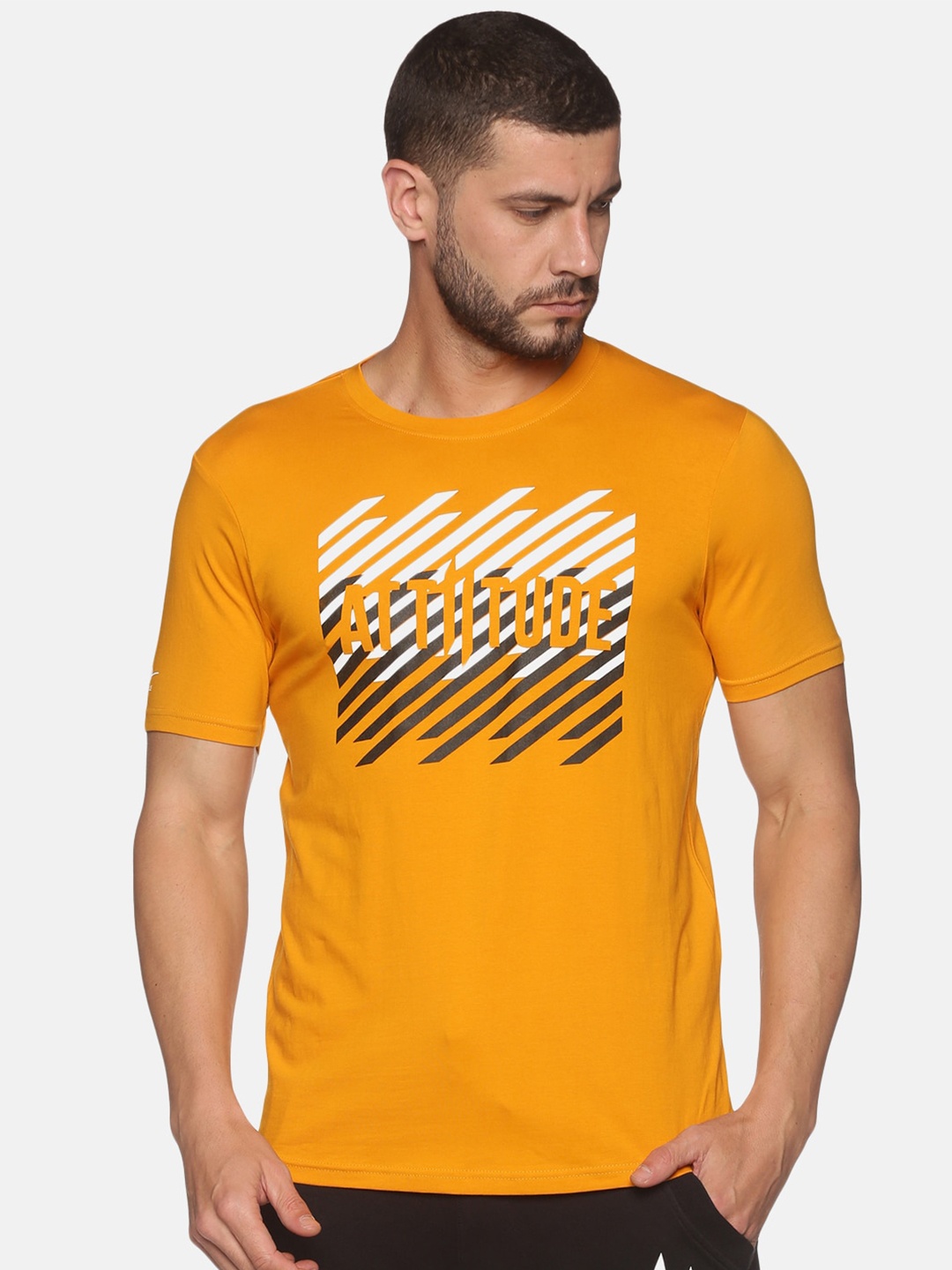 

ATTIITUDE Men Mustard Yellow Printed ClimaCool Slim Fit T-shirt