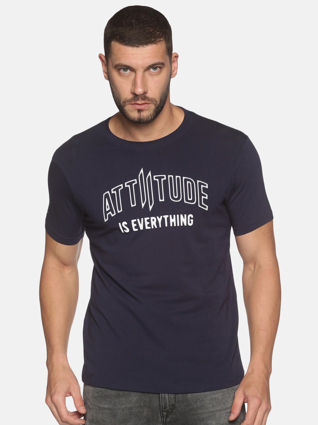 ATTIITUDE Men Navy Blue Brand Logo Printed ClimaCool Slim Fit T-shirt