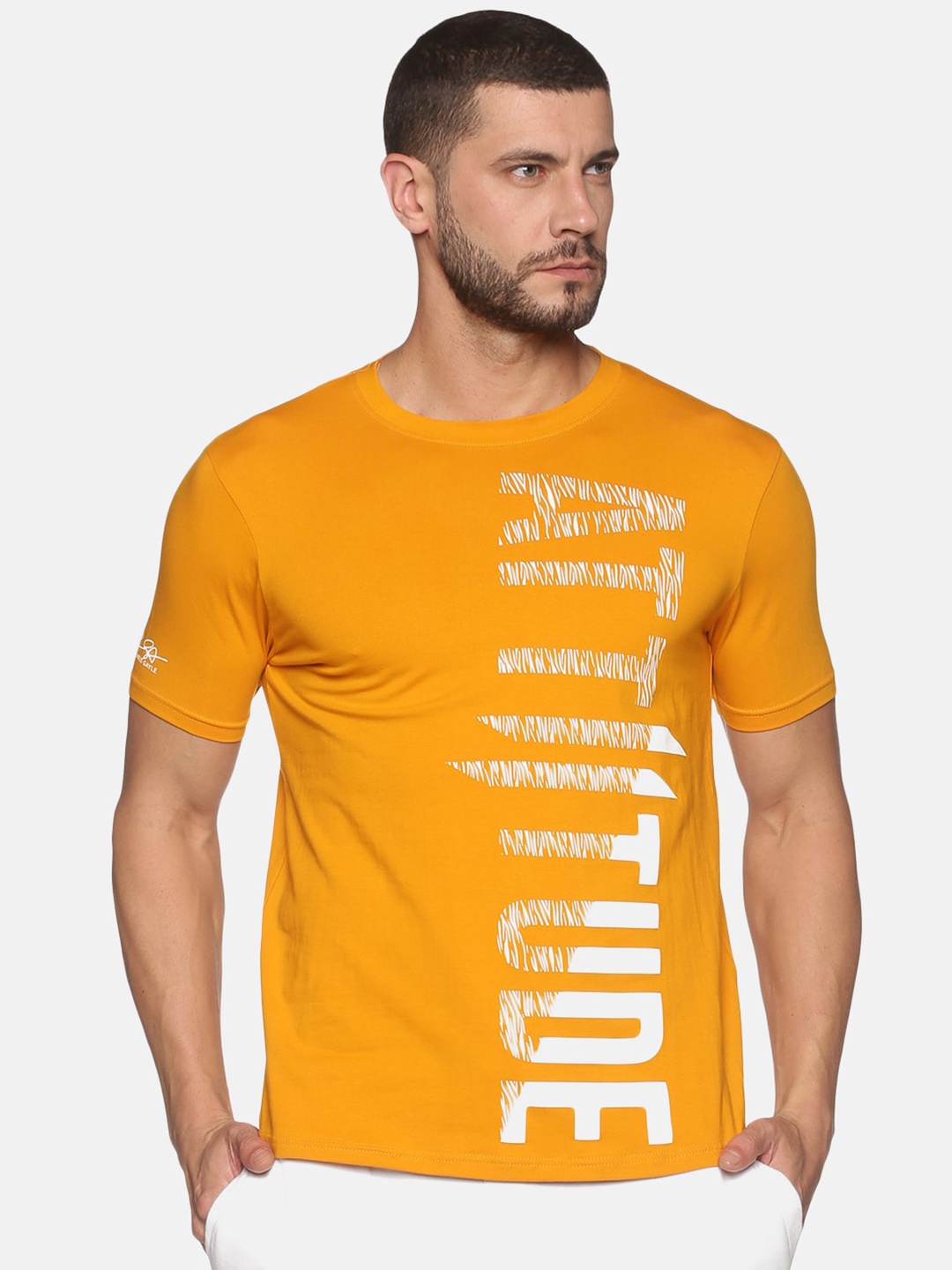 

ATTIITUDE Men Mustard Yellow Typography Printed ClimaCool Slim Fit T-shirt