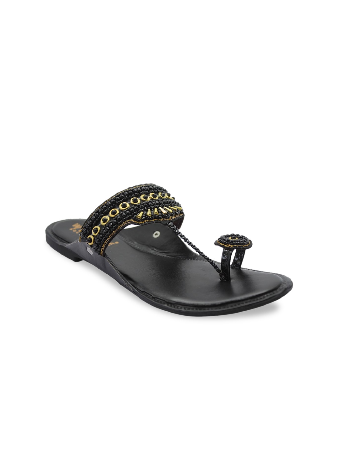 

WALK N STYLE COLLECTION Women Black Embellished Leather Ethnic One Toe Flats