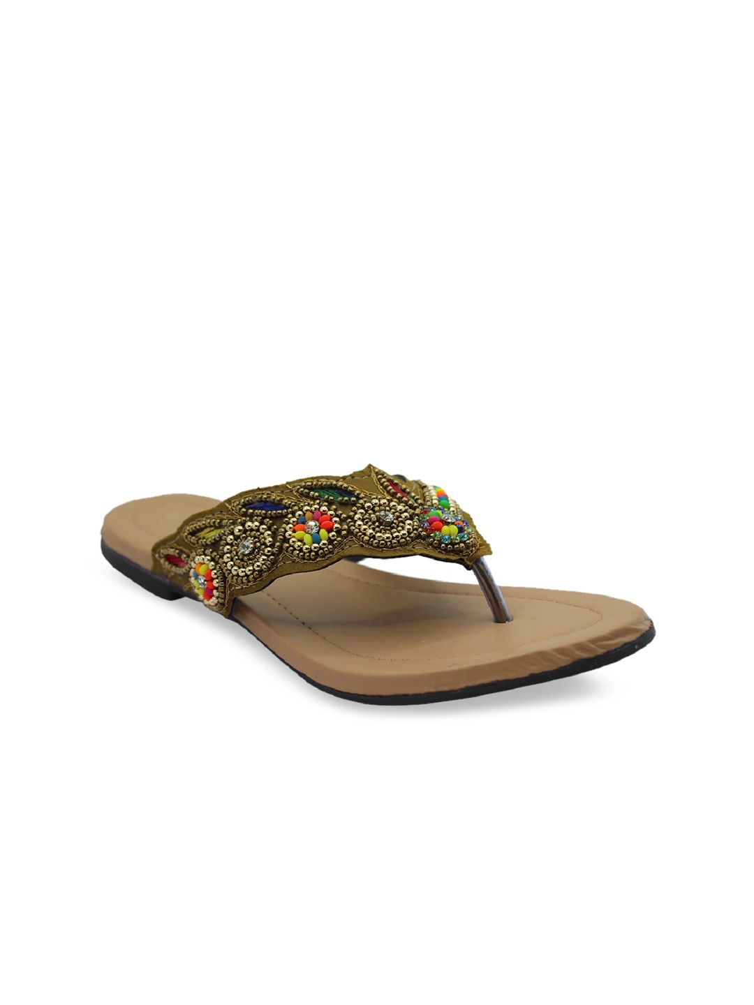 

WALK N STYLE COLLECTION Women Beige Embellished Leather Ethnic Open Toe Flats