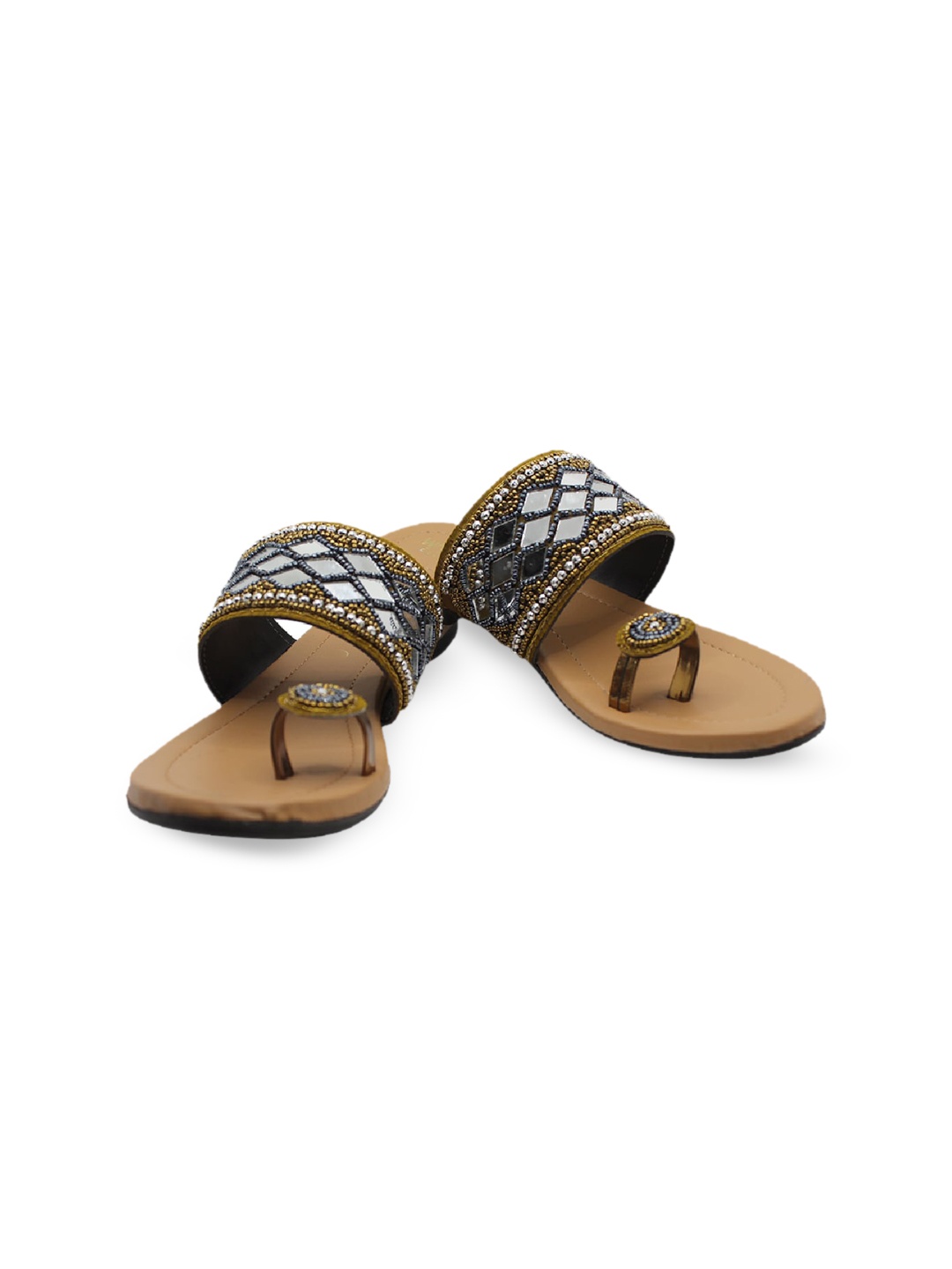 

WALK N STYLE COLLECTION Women Beige Embellished Leather Ethnic One Toe Flats