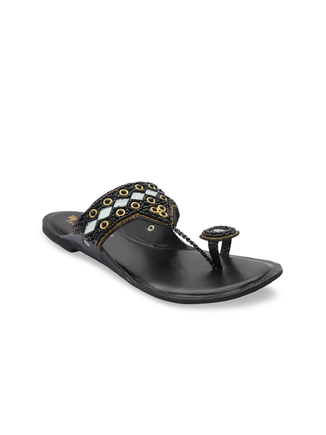

WALK N STYLE COLLECTION Women Black Embellished Leather Ethnic One Toe Flats